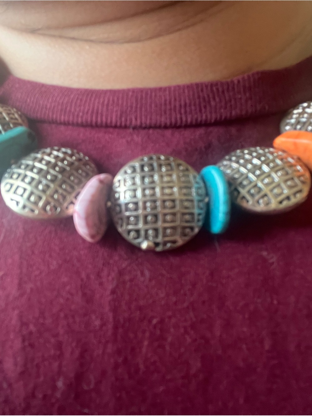 Chunky Silver Tone Multicolor Stone Statement Necklace